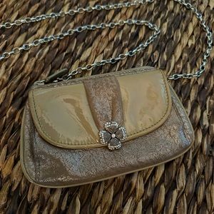Small (4.5” x 7”) gold tone purse with silver chain shoulder strap.